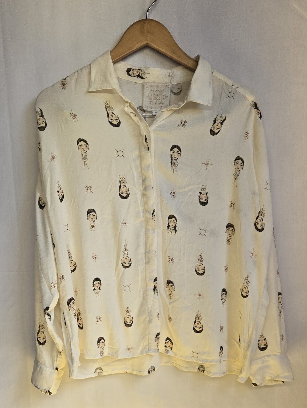 Johnny Was Ivory Button-Down Shirt with Face Print-Size M